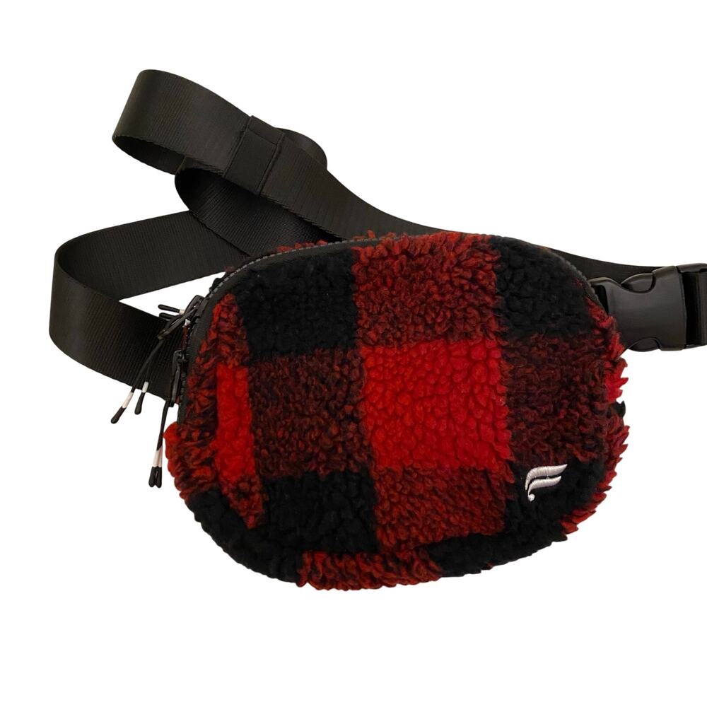 Fabletics The Belt Bag Teddy Red and Black Fleece Plaid Shoulder Crossover Purse